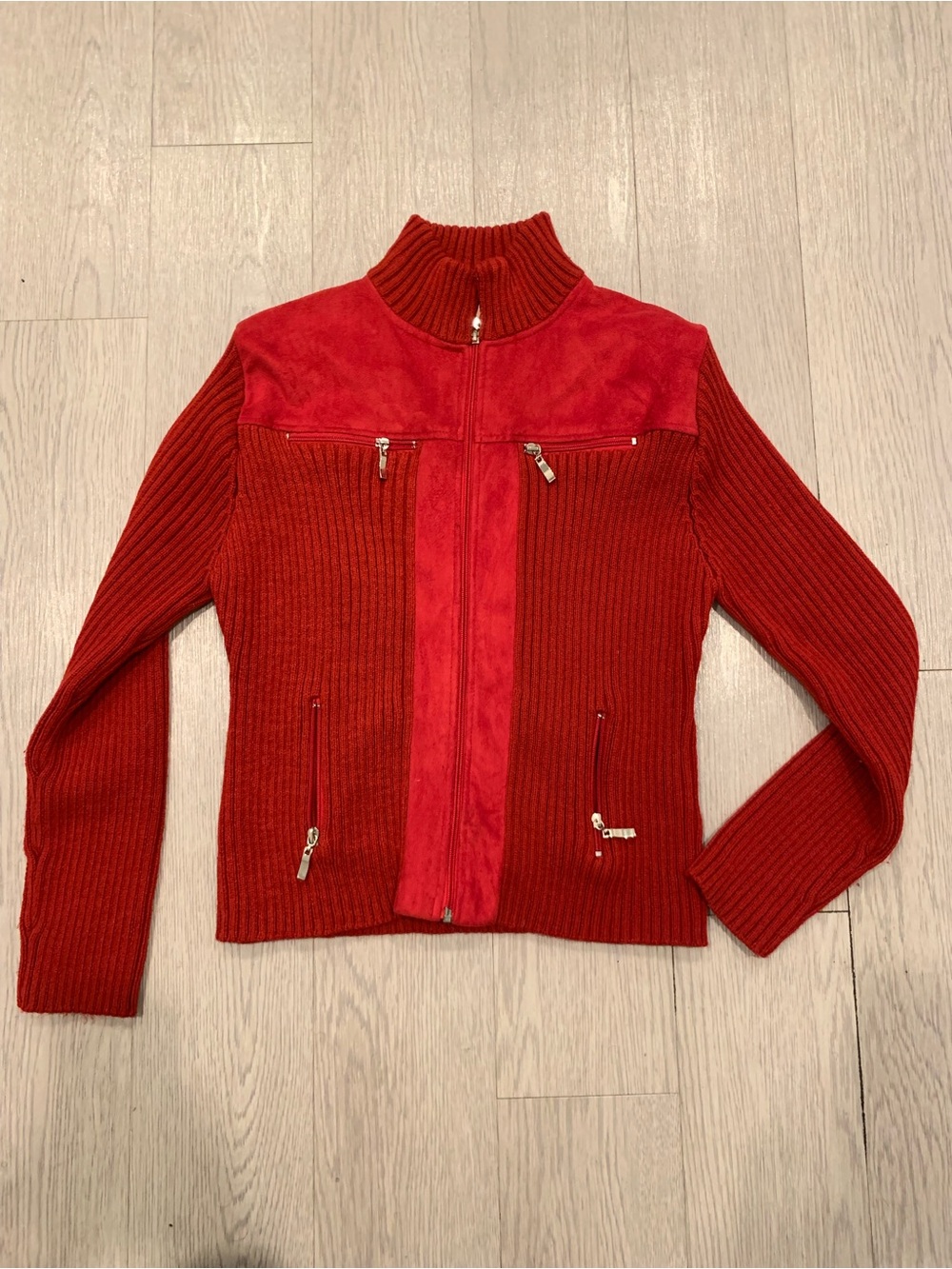 Women's Red Ribbed Knit Bomber Jacket with Suede-Effect Panels